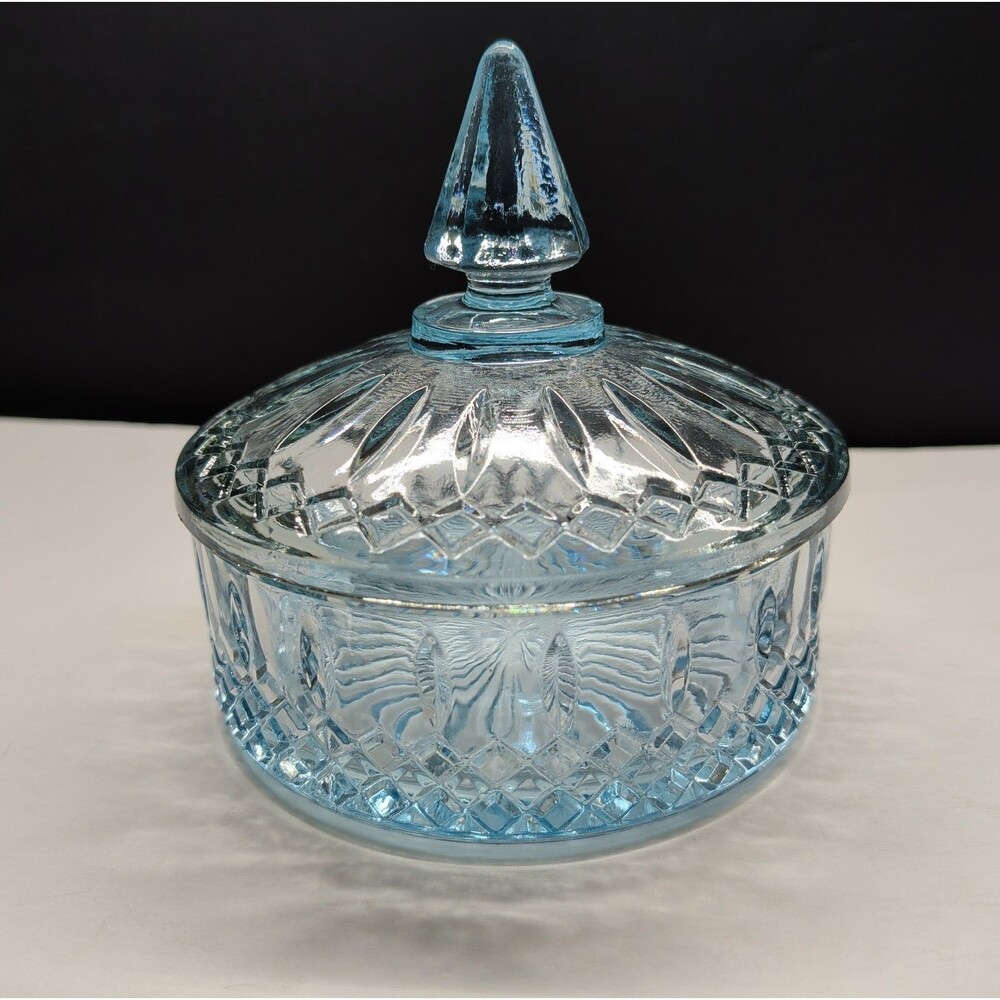 Vintage Indiana Glass Princess Pattern Blue Tinted Lidded Candy Dish